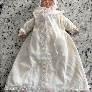Vintage Porcelain Baby Doll in Cream and Pink Christening Gown